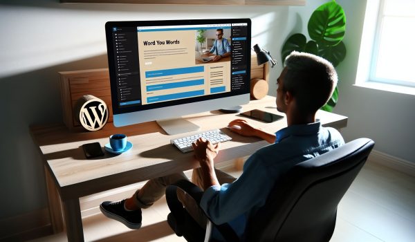  Person die an einem Computer sitzt und eine WordPress-Website erstellt
